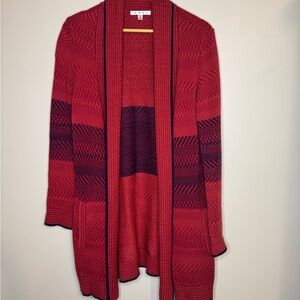 CAbi‎ Red Patterned Open Front Long Cardigan Size S